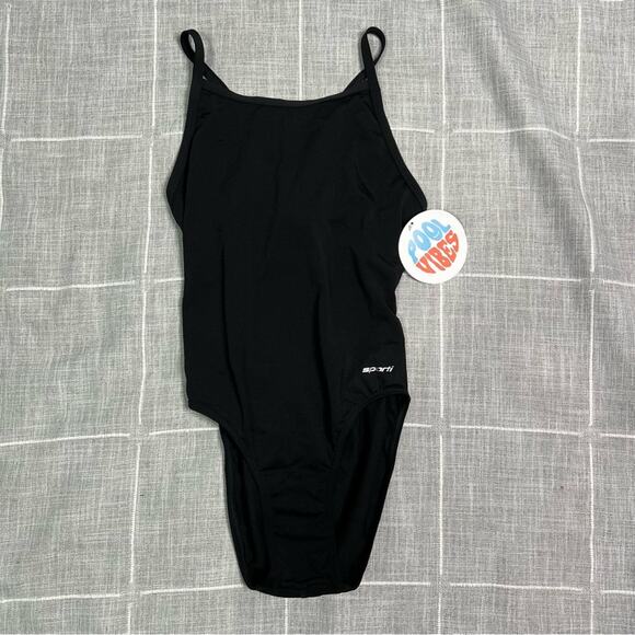 Sporti Size 34 Black HydroLast Solid Thin Strap One Piece Swimsuit NEW - Picture 3 of 10